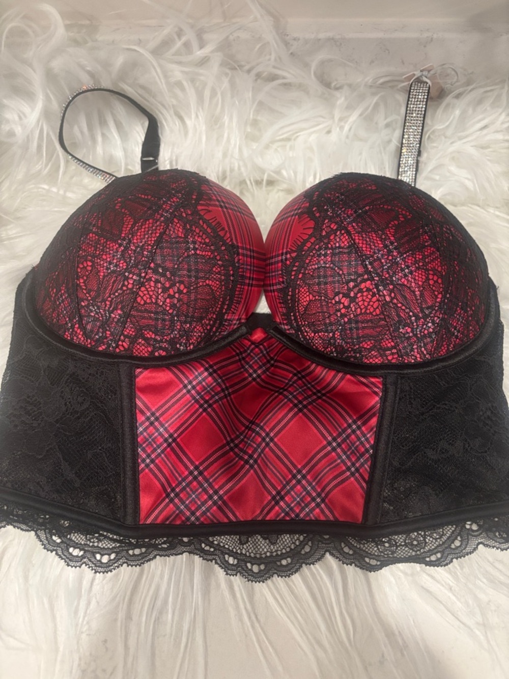 Victoria's Secret Red Plaid Longline Push-Up Bra with Black Lace